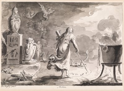 Medea. Una mujer de espaldas, entre reptiles, seres mitad bestia, un caldero de bruja y estatuas de dioses egipcios, escribe runas mágicas en un círculo en el suelo por la noche de Bartolomeo d
