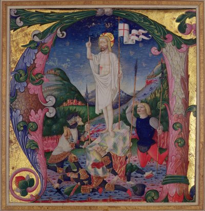 Inicial historiada A que representa la Resurrección de Cristo, Escuela de Lombardía de Bartolomeo de Rigossi da Gallarate attr. to Bartolomeo de Rigossi da Gallarate attr. to