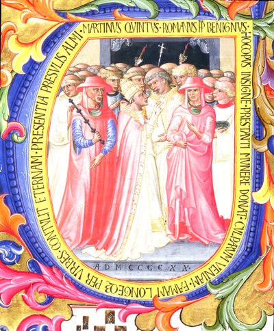 Ms 557 f.61v Inicial historiada U representando al Papa Martín V consagrando la Iglesia de Sant. Egidio, de un antifonario de San Marco e Cenacoli (detalle) de Bartolomeo di Frusino