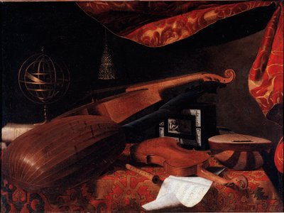 Bodegón con instrumentos musicales (Violín, laúd y espinela y esfera armilar) - Pintura de Bartolomeo Bettera (1639-1722), hacia 1660 Óleo sobre lienzo Dim: 70,5x94,7 cm - Bérgamo, Accademia Carrara de Bartolommeo Bettera