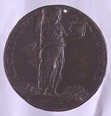Medalla con retrato que representa una figura femenina sosteniendo un bastón de Bartolommeo Melioli