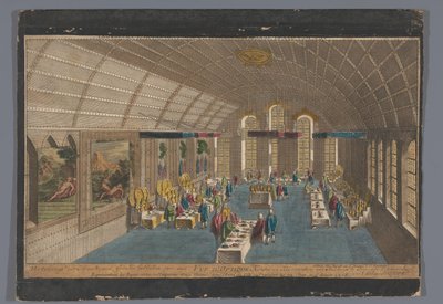 Vista de la sala Römer de Fráncfort del Meno que muestra una comida servida al emperador y a los electores el 22 de junio y el 1 de agosto de 1758
Vista de la óptica que representa las comidas servidas al presidente y a los electores en el Hotel de Ville  de Basset
