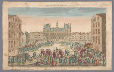 Vista del Ayuntamiento de París con una procesión para proclamar la paz Publicacion de la paz en Paris (título sobre objeto) de Basset