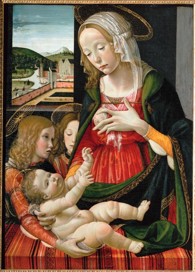 Virgen amamantando al niño Jesús, rodeada de ángeles ... (pintura sobre madera) de Bastiano Mainardi