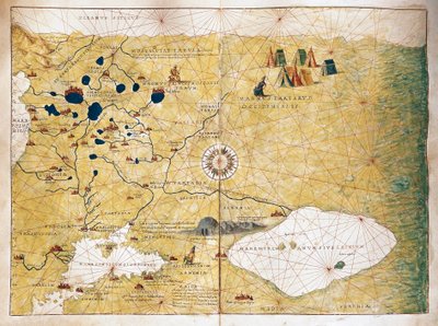 Moschoviae Tabula, mapa de Rusia y ciudades europeas a lo largo del río Volga de Battista Agnese