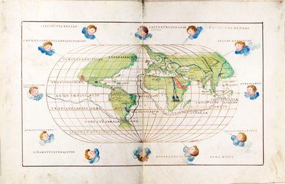 Planisferio oval del mundo que muestra la ruta de Magallanes de Battista Agnese