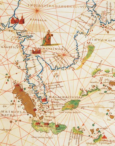 El Océano Índico y parte de Asia y África: Malasia e islas de Java y Sumatra, del Atlas del Mundo en treinta y tres Mapas de Battista Agnese