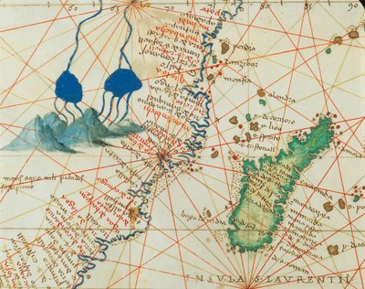 El Océano Índico y parte de Asia y África: nacimiento del río Nilo y Madagascar, del Atlas del Mundo en treinta y tres Mapas de Battista Agnese