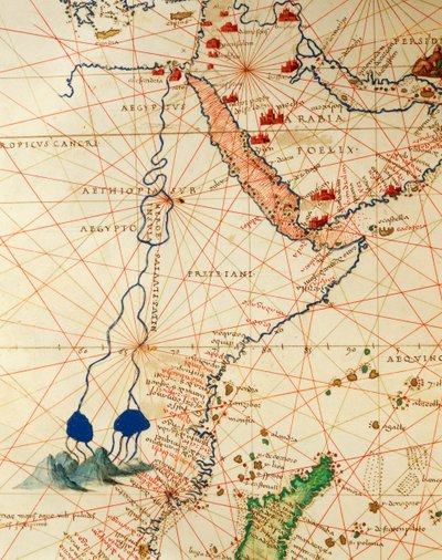 El Océano Índico y parte de Asia y África: el curso del río Nilo, del Atlas del Mundo en treinta y tres Mapas, por Battista Agnese de Battista Agnese
