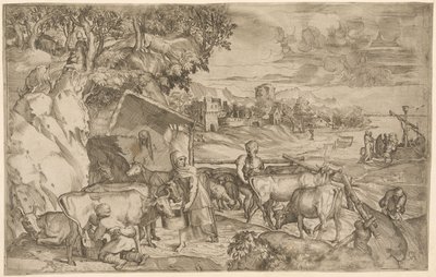Paisaje con ganado de Battista Angolo del Moro