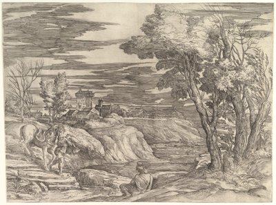Paisaje con un jinete y su mozo de cuadra, ca. 1552-61 de Battista Franco Veneziano