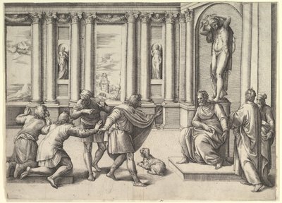 Hombre sentado bajo una estatua de Baco, recibiendo una audiencia, ca. 1530-61 de Battista Franco Veneziano