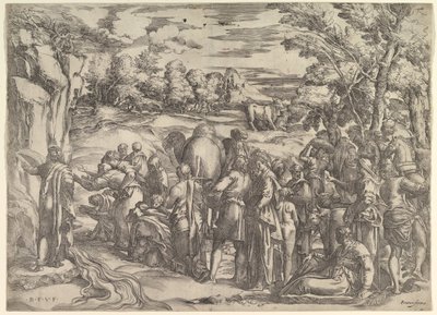 Moisés Sacando Agua de la Roca, a la izquierda con agua fluyendo, varias figuras y... de Battista Franco Veneziano