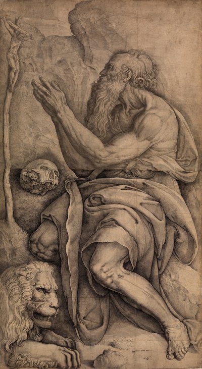San Jerónimo arrodillado ante un crucifijo, con una calavera y un león, ca. 1550-60 de Battista Franco Veneziano