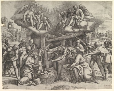 La adoración de los pastores con ángeles arriba, ca. 1530-61 de Battista Franco Veneziano