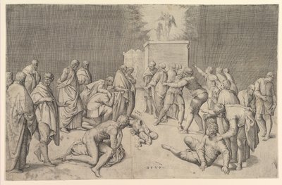 Los filisteos colocan el Arca de la Alianza en el Templo de Dagón, ca. 1540 de Battista Franco Veneziano