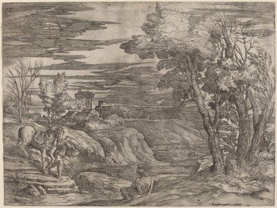 Paisaje con un hombre guiando un caballo de Battista Franco after Titian
