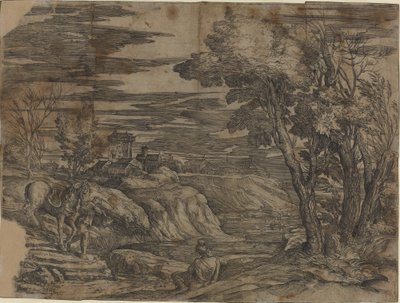 Paisaje con un Hombre Guiando un Caballo de Battista Franco, after Titian
