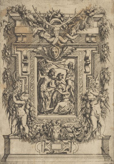 Un joven ofrece su mano a una mujer sentada, otra mujer está entre ellos, ca. 1540-80 de Battista del Moro
