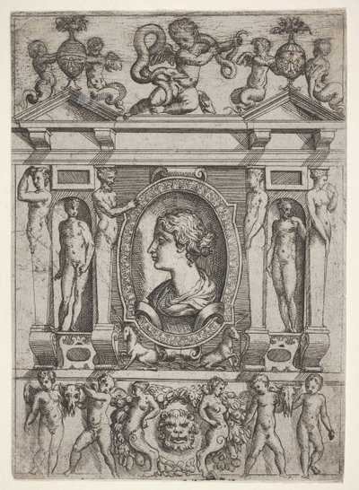 Busto de una mujer de perfil mirando a la izquierda, enmarcado en un marco elaborado con figuras, ca. 1540-80 de Battista del Moro