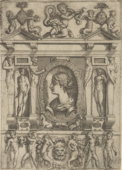 Busto de una mujer de perfil mirando a la izquierda, enmarcado en un marco elaborado con figuras, ca. 1540-80 de Battista del Moro