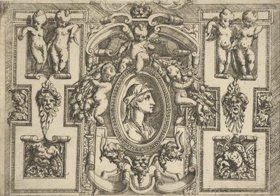 Busto de una mujer de perfil mirando a la derecha, dentro de un marco elaborado con putti de Battista del Moro