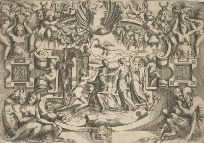 Cuatro mujeres rodeando una figura sentada, un pájaro sobre ellas, dentro de un elaborado..., ca. 1540-80 de Battista del Moro