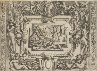 Judith y su sirvienta con la cabeza de Holofernes, enmarcado elaboradamente, ca 1540-80 de Battista del Moro