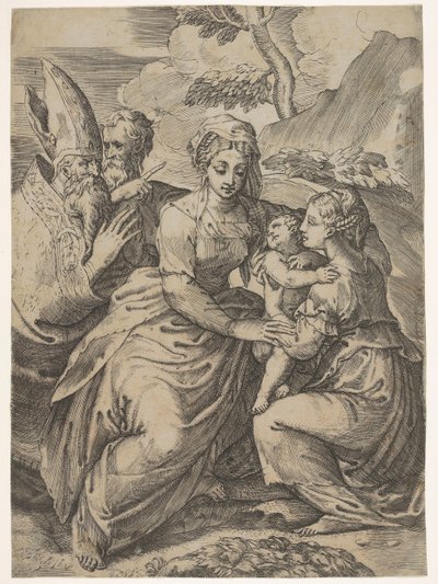 Madonna y Niño con Santos después de Parmigianino de Battista del Moro