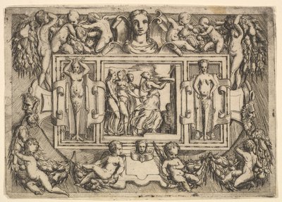 La sibila de Cumas caminando hacia la derecha y llevando una bandeja, seguida por tres mujeres, ca. 1540-80 de Battista del Moro