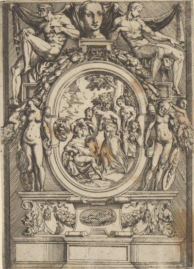 El juicio de Paris, hombre sentado a la izquierda se acerca a una mujer que está flanqueada por..., ca. 1540-80 de Battista del Moro