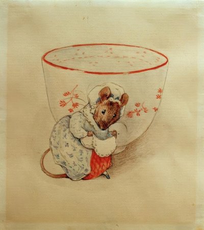 La señora Ratón hace una reverencia ante una taza de té de Beatrix Potter