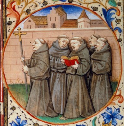Escena de vida monástica. Detalle que representa a monjes de la Orden de los Franciscanos. Miniatura tomada del 