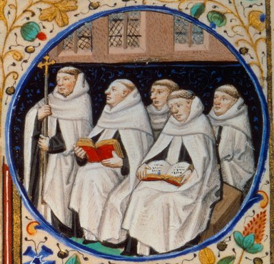 Escena de vida monástica. Detalle representando a monjes de la orden del Carmen. Miniatura tomada del "Libro de horas según el uso de París" iluminado por el taller del Maestro de Bedford. 1450. París, B.N. de Bedford Master Workshop