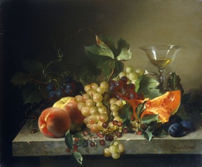 Una naturaleza muerta con frutas en un saliente de piedra, 1858 de Bela Schaffer
