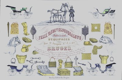 Anuncio de Felix Van de Velde-Decaluwe, fabricantes de coches de caballos, Brujas, Bélgica (litografía en color) de Belgian School