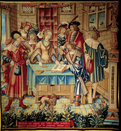 Cortina que ilustra las artes liberales: Aritmética. Tapiz de lana y seda hecho alrededor de 1520 en Tournai. Dimensiones 3,1x2,9 m París, museo nacional de la Edad Media, Termas de Cluny de Belgian School