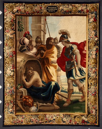 Diogene y Alejandro: encuentro entre el filósofo griego Diogene de Sinope (413-327 a.C.) en su barril y el rey Alejandro Magno (356-323 a.C.) en Corinto. Cuando el conquistador le preguntó qué quería, Diogene respondió: "Quitarme un poco el sol". Toque de Belgian School