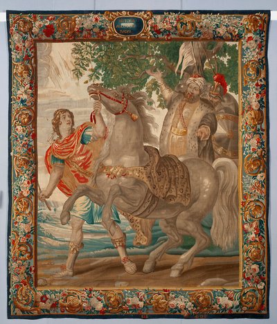 El rey Alejandro Magno doma al caballo Bucéfalo. Tapiz realizado en las manufacturas de Bruselas. Siglo XVI Genes, Musei di Strada Nuova de Belgian School