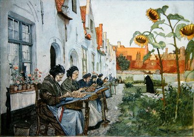 Encajeras en el jardín de un hogar de ancianos en Brujas de Belgian School