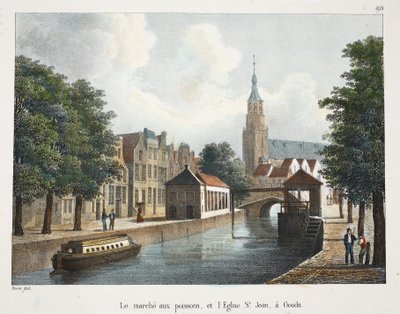 El mercado de pescado y la Iglesia de San Juan en Gouda, c.1895 (fotochrom) de Belgian School