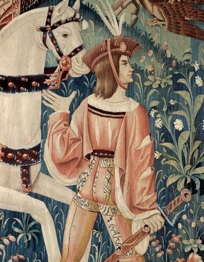 Edad Media: el comienzo de la caza con halcón, a caballo. Detalle de un tapiz de seda y lana de principios del siglo XVI. De Hainaut. París, Museo Nacional de la Edad Media, Termas de Cluny de Belgian School