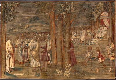 Moisés estableciendo la Justicia Tapiz de Dionys Martensz según los cartones de Luca Cambiaso (1527-1584) y realizado en las manufacturas de Bruselas 1561-1564 Dim. 392,5x220,5 cm Genes, Musei di Strada Nuova de Belgian School