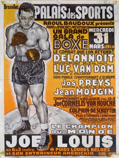 Cartel publicitario del combate de boxeo entre el campeón belga, Delannoit y el campeón holandés, Luc Van Dam de Belgian School