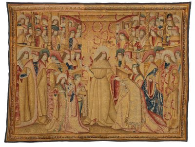 Tapiz, Jonatán Macabeo recibiendo una túnica púrpura, hecho en Bruselas, Bélgica, hacia 1490-1500 (lana y seda) de Belgian School