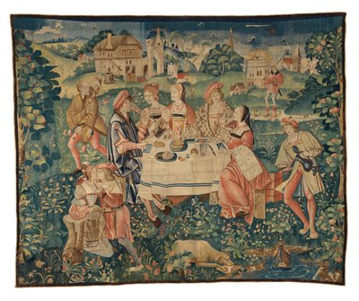 Tapiz que representa Banquete al aire libre, o Una comida al aire libre en el jardín del amor, de Tournai, c.1510 (lana y seda) de Belgian School