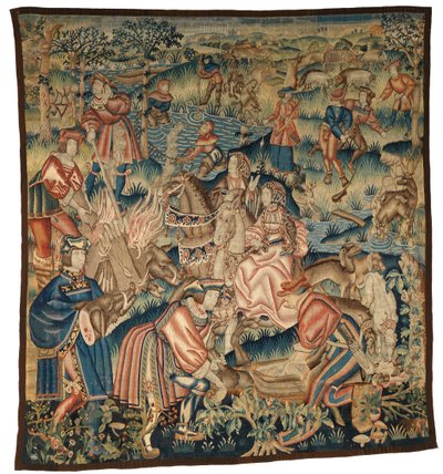 Tapiz con escenas de caza de jabalíes, pesca, etc. o "Apres la Chasse", posiblemente de Tournai. de Belgian School
