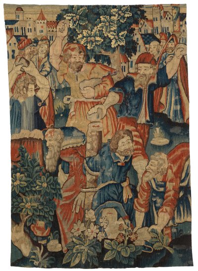 Fragmento de tapiz que representa la Lapidación de los Ancianos, realizado posiblemente en Bruselas, Bélgica. de Belgian School