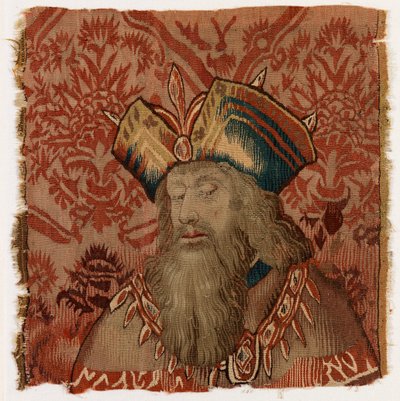 Panel de tapiz que representa la cabeza de un sacerdote o rey, realizado posiblemente en Tournai, Bélgica, posiblemente a principios del siglo XVI (lana) de Belgian School