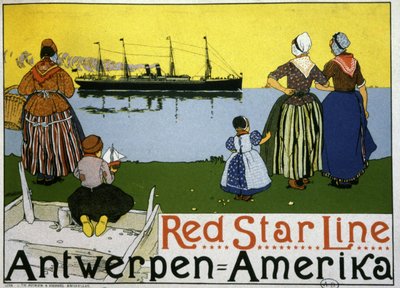 Transatlántico Amberes/América. Publicidad de la Red Star Line, c.1900 (impresión) de Belgian School